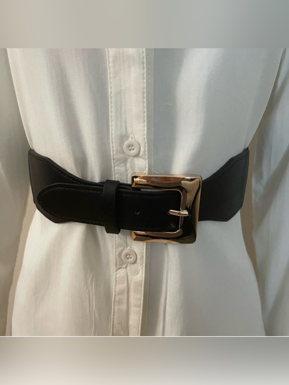 Plus size black PU leather gold tone buckle elastic waistband belt